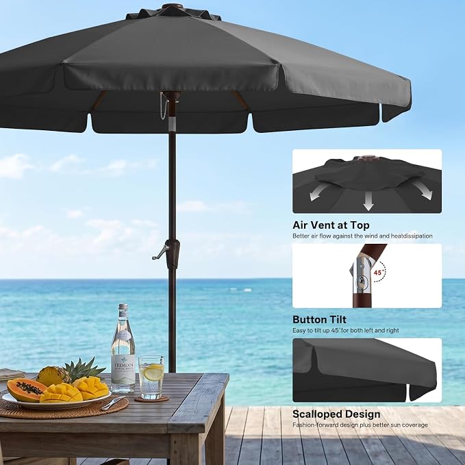 ABCCANOPY 10ft Scalloped Patio Umbrella, Outdoor Table Umbrella with Tilt and Crank, Fiberglass Ribs Deck Umbrella for Patio, Pool, Garden, Picnic (Dark Gray)