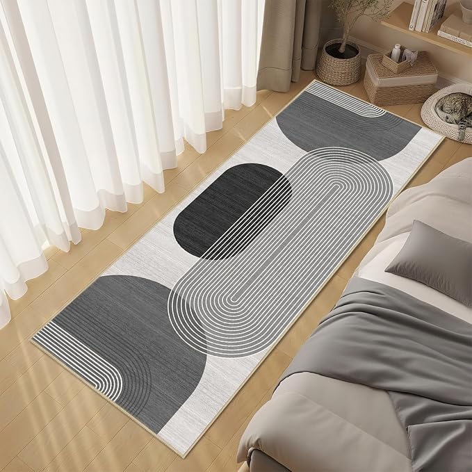 Boho Runner Rug 2x6 for Hallway Kitchen Bedroom,Bohemian Runner Rugs Washable Modern Geometric Rug Non-Slip Printed Low Pile Long Floor Carpet Mat for Bedroom Laundry,Grey and Black