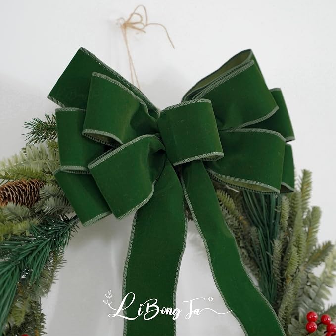 13" Moss Green Bow Pre-Tied Bow for Christmas Tree, Green Velvet Ribbon Bows for Wreaths, Premade Tree Toppers Bows for Gift Wrapping, Party Favor, Christmas Home Indoor Outdoor Decor-1 Count