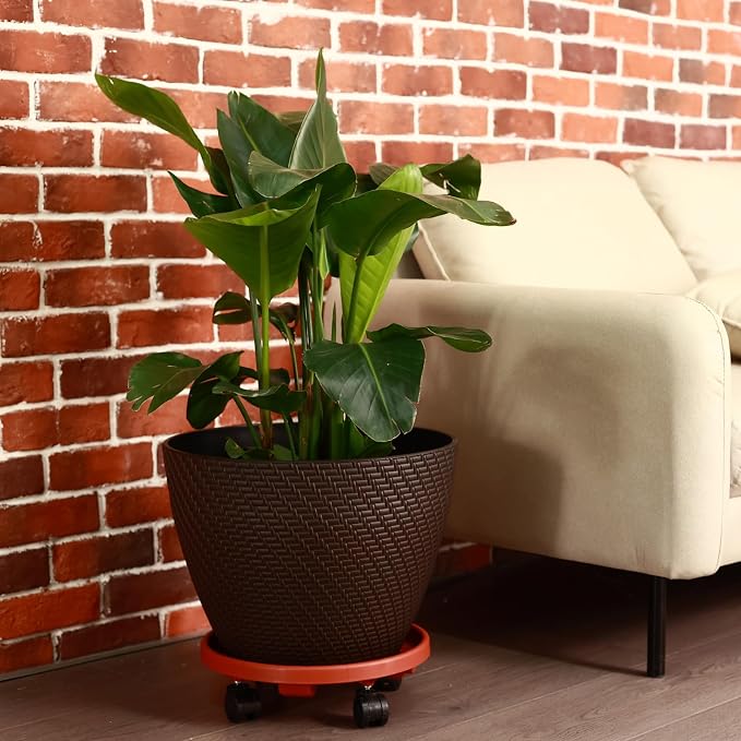 5 Pakcs Large Plant Caddy with Wheels 15.8" Rolling Plant Stands Heavy-duty Plastic Plant Roller Base Pot Movers Plant Saucer on Wheels Indoor Outdoor Plant Dolly with Caster Tray Coaster Red