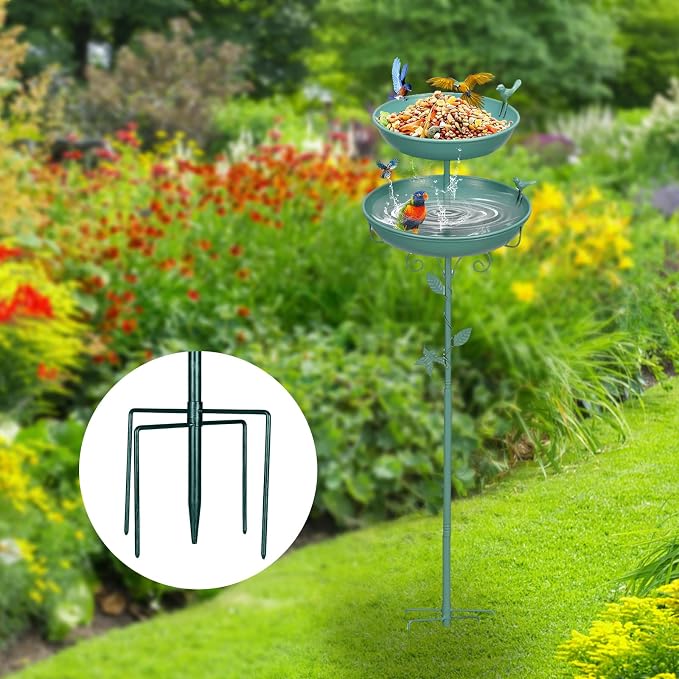 Bird Bath for Outside Green 2-in-1 Freestanding Garden Birdbath | Metal bird bath with floral scroll 5-Pronged Base Deep large bowl for birds drinking & bathing Yard patio landscape decor