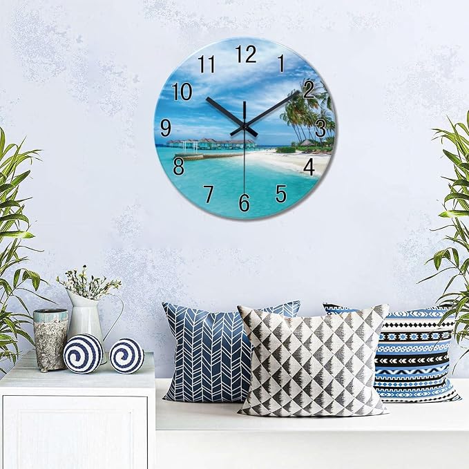 XFM Blue Beach Wall Clock 16 Inch Silent Coastal Nautical | Non-Ticking Battery Operated Modern Glass Decorative for Living Room Kitchen Bedroom Office