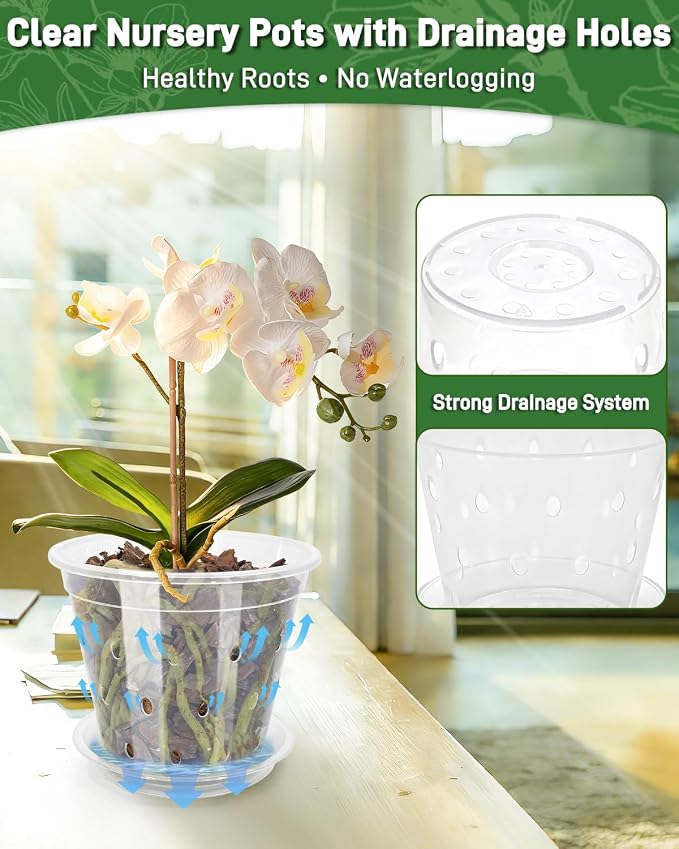 10 Pack 7 Inch Orchid Pot , Deeper and Thicker Plastic Orchid Pots with Holes, Clear Orchid Pots with Holes and Saucers for Repotting , Indoor and Outdoor Orchid Planter for Healthy Root Growth