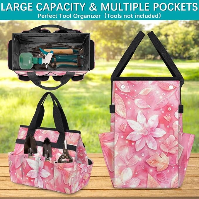 Rose Red flower Gardening Tool Bag,Heavy Duty Garden Tote Bag,Portable Oxford Gardening Storage Basket Organizer Handbag with Pockets Handle,Hand Tools Gifts for Outdoor Garden Lawn