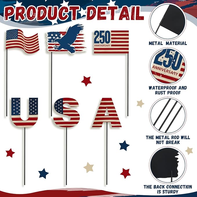 Pickmesh 6 Pcs 12" H 250th Anniversary Outdoor Decor 4th of July Patriotic Eagle Metal Yard Sign Red White Blue USA Flag Garden Stake American Yard Sign for Independence Day Decoration