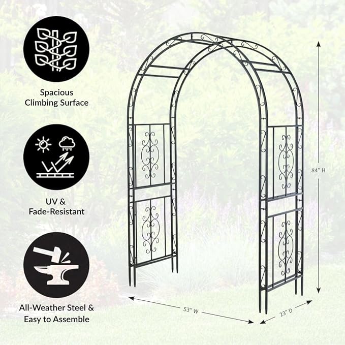 Plow & Hearth Arch Metal Outdoor Garden Arbor | Montebello | 7 Feet Tall | Steel Iron Trellis Lattice for Climbing Plants & Heavy Vines | Wedding Outdoor Patio Décor