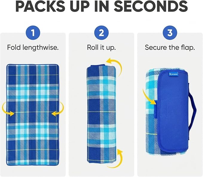 Outdoor Picnic Blanket Water-Resistant Backing, Soft Fleece Beach Mat,Camping Rug (Blue)