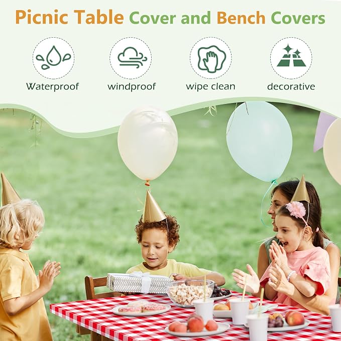 Picnic Table Cover with Bench Covers and Bag, Camping Table Camping Essentials Cover with Elastic Edges (Red)