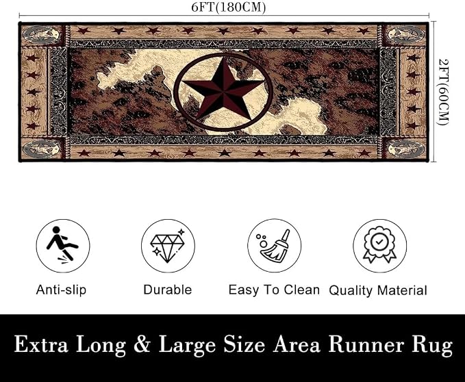 Western Rugs for Bedroom Western Runner Rug 2x6,Texas Star Vintage Style Stars,Rustic Throw Accent Area Rug Non Slip Washable Rug Runner Floor Carpet for Entryway Hallway Kitchen Laundry Bathroom