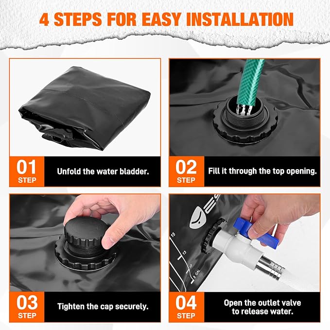 Yesker Portable Water Storage Bladder 63 Gallon – Heavy-Duty 1000D PVC Foldable Water Bladder Tank with 3/4" PVC Spigot for Garden, Camping & Emergency Use, Black