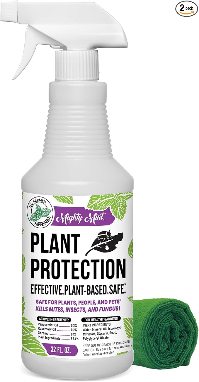 Mighty Mint Peppermint Oil Plant Protection Spray – Insect & Pest Control for Gnats, Spider Mites & Aphids – Plant-Based, Easy-to-Use with Microfiber Cloth- 32 oz