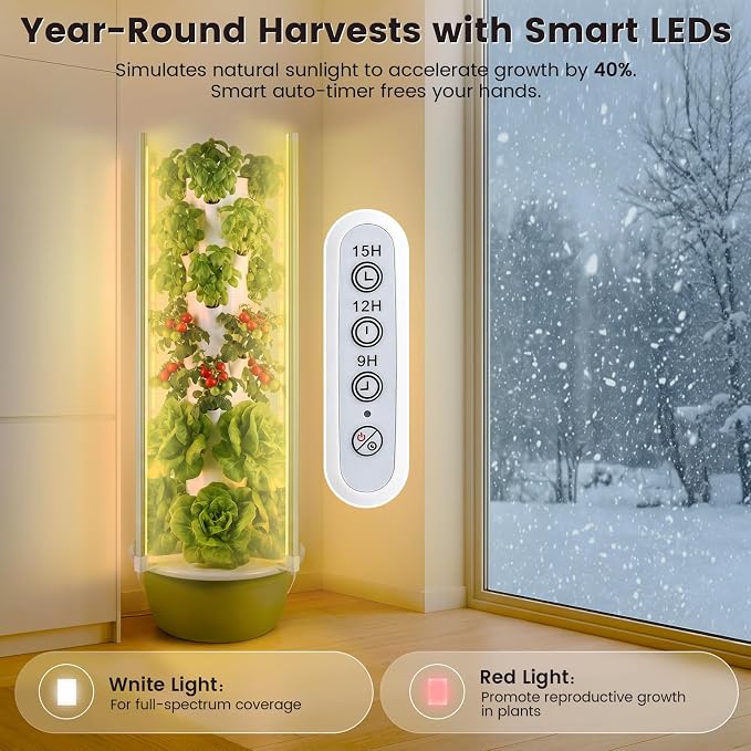 BAOSHISHAN Hydroponic Growing Tower with LED Grow Light, 7 Tiers 28 Pods | Full Spectrum Vertical Hydroponics Growing System, with 30L Water Tank, Beginner-Friendly, Ideal for Lettuce Herbs Vegetables