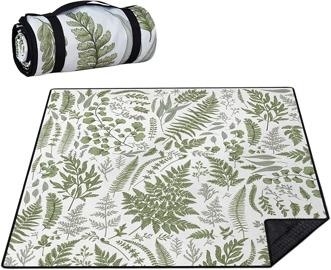 Picnic Blankets Waterproof Foldable Extra Large,80"x 80" Outdoor Beach Blanket Sandproof,3-Layer Lightweight Handy Mat Tote Picnic Camping Rugs for Outside Your Rv (Botanical Fern Plant)
