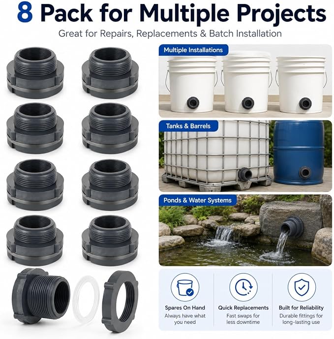 YOUNTHYE 8 Pack 2 Inch PVC Bulkhead Fitting, Double Threaded NPT Water Tank Connector, Bulkhead Pipe Adapter for Rain Barrels, Aquariums, Ponds, Tubs and Water Storage Projects