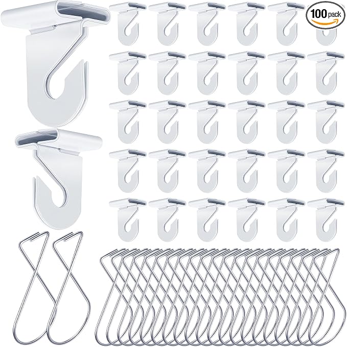 Vicenpal 100 Pcs Drop Ceiling Hooks Bulk for Classrooms Offices Hanging Set, 50 Pairs Right and Left 50 Pcs Clips for Tile Decorations, Metal Suspended T Bar Hooks for School Plants