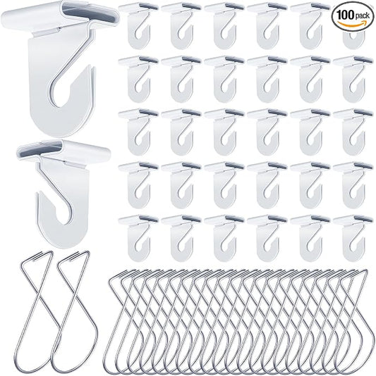 Vicenpal 100 Pcs Drop Ceiling Hooks Bulk for Classrooms Offices Hanging Set, 50 Pairs Right and Left 50 Pcs Clips for Tile Decorations, Metal Suspended T Bar Hooks for School Plants