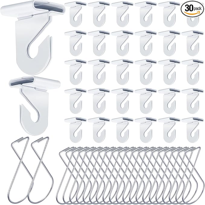 Vicenpal 30 Pcs Drop Ceiling Hooks Bulk for Classrooms Offices Hanging Set, 15 Pairs Right and Left 15 Pcs Clips for Tile Decorations, Metal Suspended T Bar Hooks for School Plants