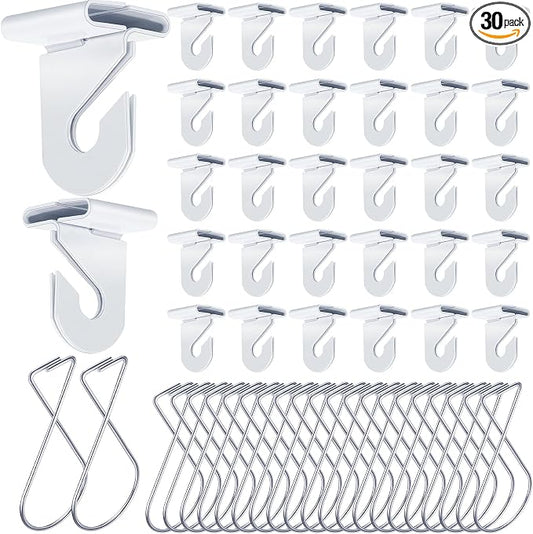 Vicenpal 30 Pcs Drop Ceiling Hooks Bulk for Classrooms Offices Hanging Set, 15 Pairs Right and Left 15 Pcs Clips for Tile Decorations, Metal Suspended T Bar Hooks for School Plants