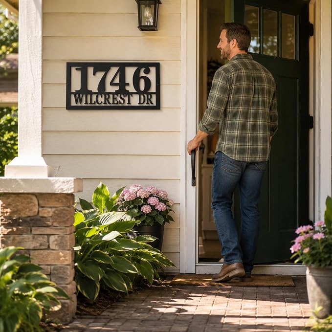 Custom Metal Address Sign Personalized House Number Plaque with Street Name for Outside Home Modern Black Address Numbers Sign for Front Porch Entryway Fence Gate Mailbox Wall Decor