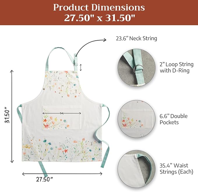 Maison d' Hermine Aprons for women with Pocket 100% Cotton (27.50"x31.50") | Adjustable Neck Strap & long ties Apron Men Chef Wedding Cooking Gardening Server Maid