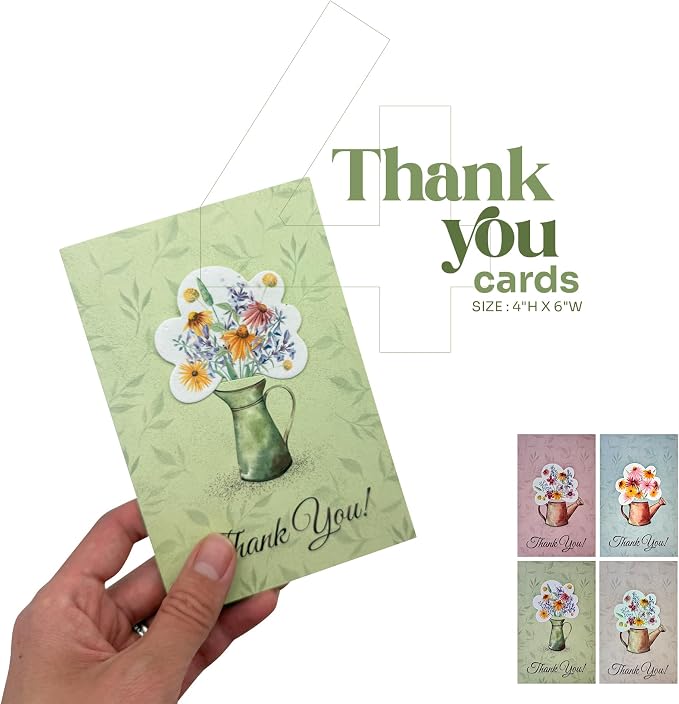 Thank You Cards – 4 Plantable Bouquet Inserts with Wildflower Seeds, 4 Greeting Cards & Envelopes for Weddings, Baby Showers, Teachers, Friends, Business, and Everyday Gratitude
