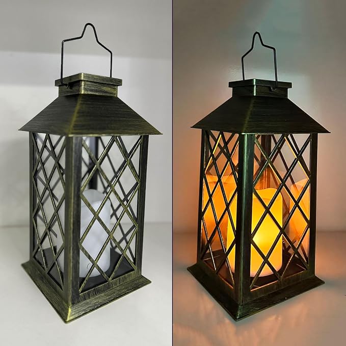 Yowin Solar Lanterns Outdoor Waterproof 14" Large Tempered Glass Solar Hanging Lantern for Outside with Flickering Candle, Mother's Gift Ideas, Wall Lamp for Garden Patio Vintage Decorations - Bronze