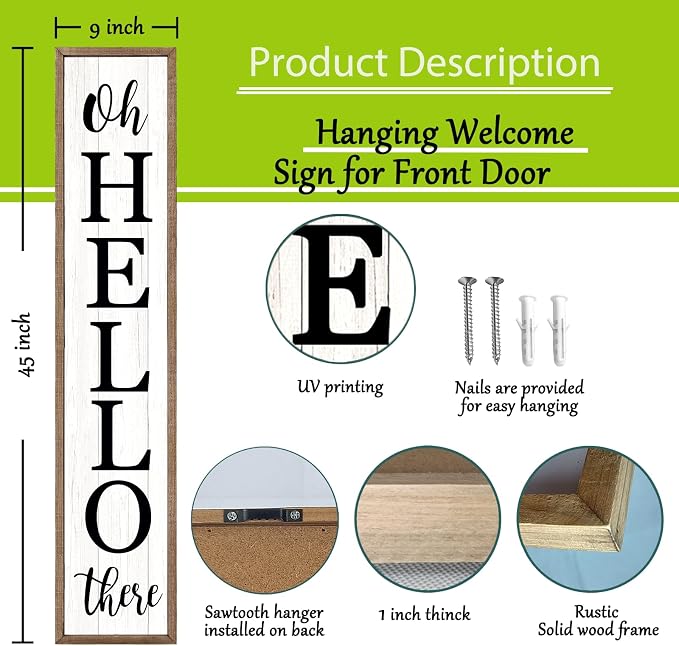 Oh Hello There Outdoor Welcome Sign For Front Porch Standing 45"X9" Large Rustic Farmhouse Vertical Tall Long Wooden Framed Outside Front Door Home Wall Decoration (Wood White)