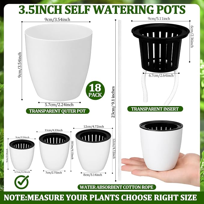 18 Pcs Self Watering Pots, 3.5 Inch Plastic Flower Plant Pot with Inner Pot Self Watering Wick Planter White Flower Pots for Indoor House Plants Herbs, Flowers, Succulents(White Black)