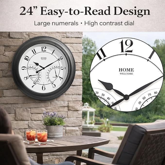 Pytha Sight 24 Inch Outdoor Clocks Waterproof, Large Easy-to-Read Illuminated Outdoor Wall Clock with Smart Light Sensor, Silent Large Outdoor Clock for Patio, Pool,Porch,Garden,Backyard