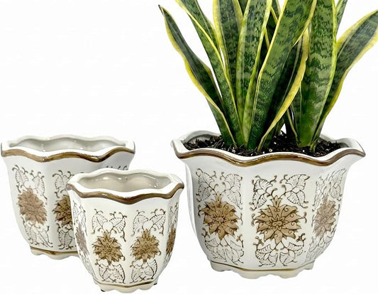 Galt International Brown & White Floral Porcelain Ceramic Decorative Flower Pot 8"/6"/4.5" Garden Pots Chinese Asian Design - Set of 3 Brown & White Fluted