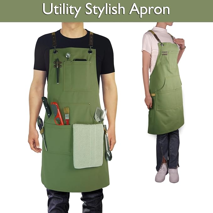 5 Pack Kitchen Apron, Work Apron, Canvas Apron, Olive | Multiple Pockets, Gardening, Painting, BBQ, Artist, Carpenter, Sizes M to XXL