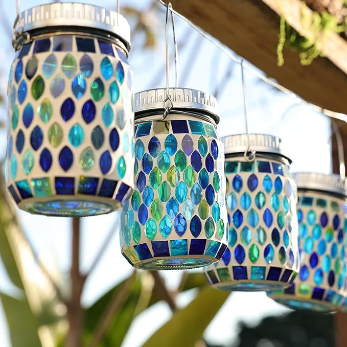 Cooo 3 Pack Mosaic Lanterns Outdoor Waterproof with 215% Larger Solar Panel, Never Rust Lids, True Capacity Battery- Solar Mason Mosaics Jar Lantern for Patio Garden Yard Balcony Christmas Decorations