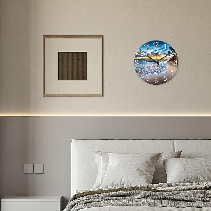 Glass Beach Wall Clocks Battery Operated 16 Inches or Larger | Analog Wall Clock Silent Non Ticking Blue Ocean Wall Clock for Living Room Bedroom Bedroom Kitchen Office