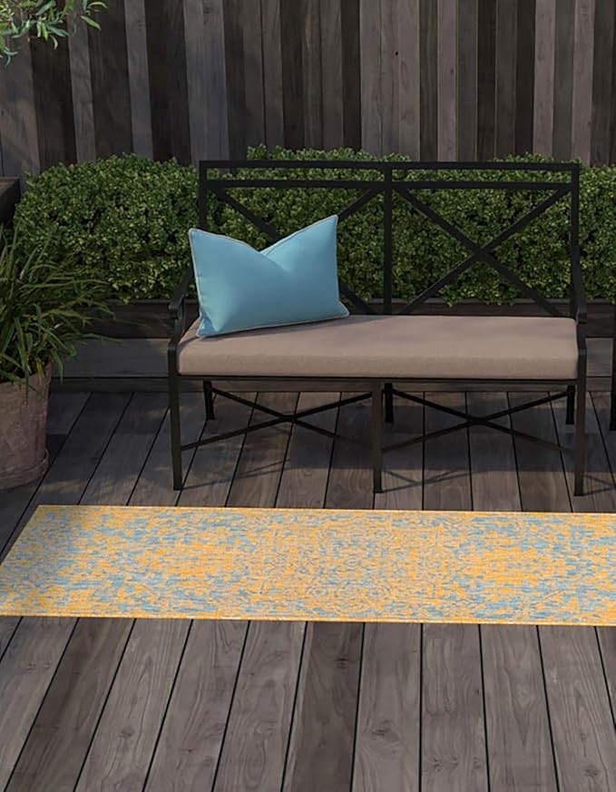 Unique Loom Jill Zarin Jill Zarin Outdoor Collection Area Rug - Dubai (2' x 8' Runner, Yellow and Aqua/Light Blue)