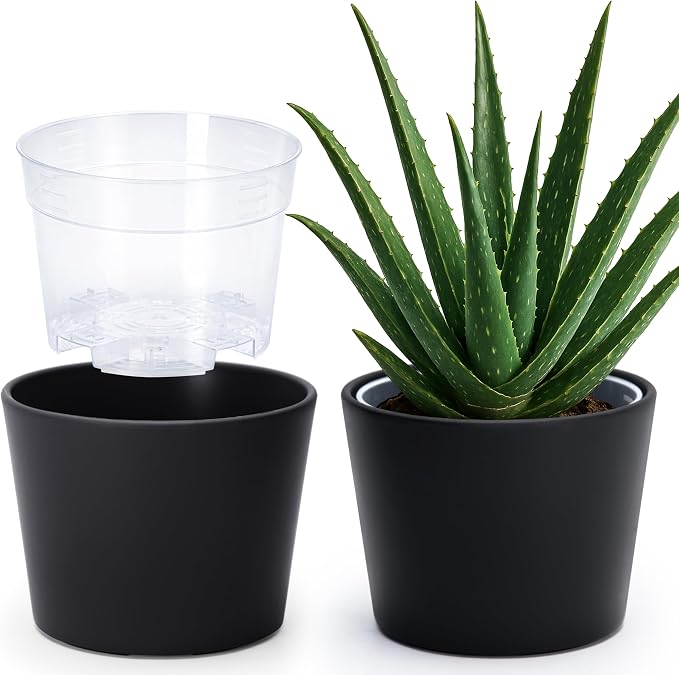Phoenix Vine 6.6 Inch Black Plastic Cachepot with Clear Nursery Pot, Decorative Lightweight Planter Cover with Transparent Inner Pot for Indoor Houseplants, Pack of 2, 24-C-E-2