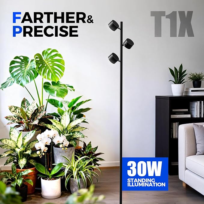 Barrina T1X3 Floor Grow Lights for Indoor Plants, 30W, 5000K, Full Spectrum, Adjustable 3 Heads, High PPFD, 6FT with Foot Switch, Vertical Plants Light for Growing, Standing Grow Lights for Tall Plant