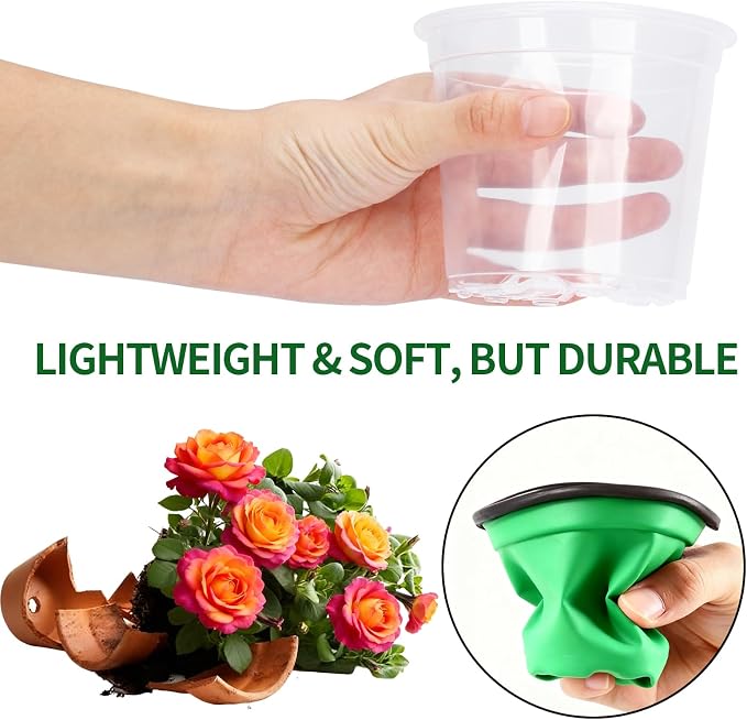 24 Pcs Large Size Clear Nursery Pots for Plants 4/6/8/9.5 Inch for Seedlings, Succulents, Flowers, Herb, Vegetables, Plastic Pots with Drainage Holes, Garden Pot