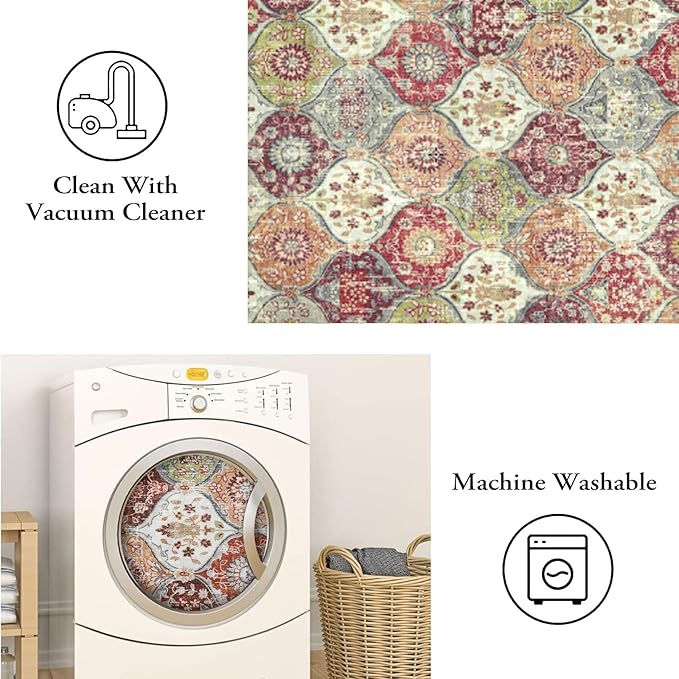 Lahome Moroccan Washable Round Area Rug, Soft Round Rugs 6ft Ultra-Thin | Non-Slip Trellis Vintage Large Circle Carpet for Bedroom Living Room Kitchen Nursery Elise, Orange Terracotta