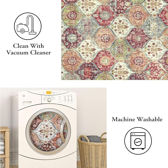 Lahome Moroccan Small Washable Area Rug, 3x5 Rugs for Bedroom Living Room | Trellis Non-Slip Oriental Throw Carpet for Kitchen Office Entryway Bathroom Office Elise Orange/Terracotta