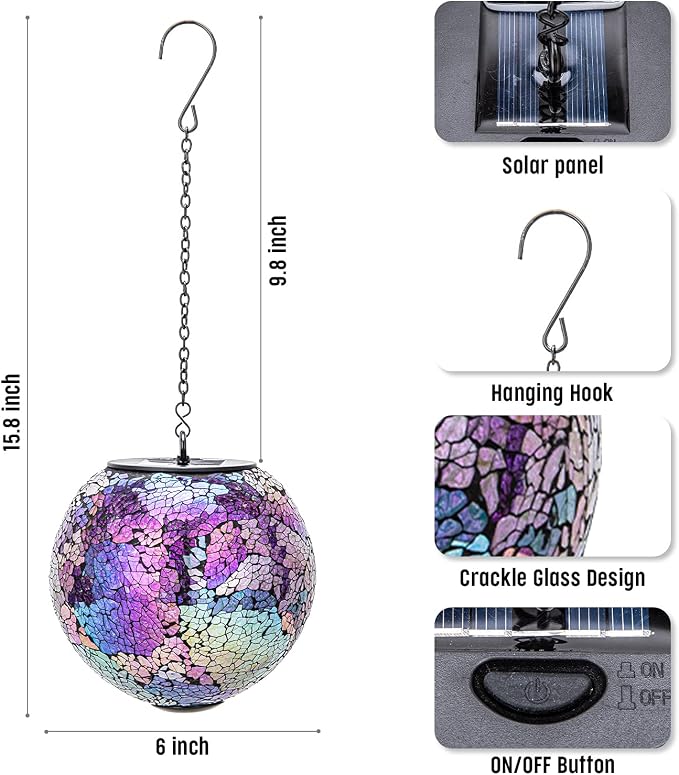 VCUTEKA Solar Lanterns Outdoor Waterproof - Hanging Solar Lights Garden LED Lanterns Mosaic Crack Glass Design for Landscape Patio Yard Garden Pathway Decoration