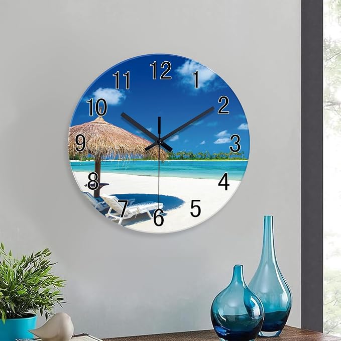 XFM Beach Wall Clock Battery Operated 16 Inch Blue Coastal | Silent Non-Ticking Tropical Summer Nautical Round Decorative for Living Room Kitchen Bedroom Office