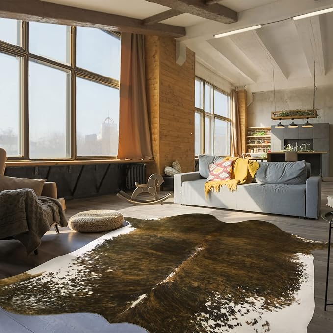 BENRON Faux Cowhide Rug, Cow Print Rug for Living Room Bedroom 6.2x7ft | Western cow hide rug for Cowboy Cowgirl Home Decor, Washable Rugs with Irregular Animal Skins and Hides Non Slip, Olive Green