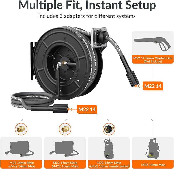 Giraffe Tools Pressure Washer Hose Reel 60ft, 1/4" Power Washer Hose Reel, Automatic Rewind, Wall Mounted, 4000 PSI