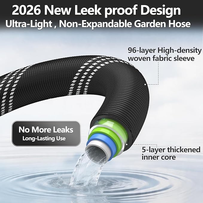 50 ft Garden Hose, Non-Expandable Lightweight All-Weather Water Hoses, Ultra Durable and Flexible Garden Hose with 10-Function Spray Nozzle, Leak-Free Connections Garden Hoses for Yard, Lawn,Outdoor