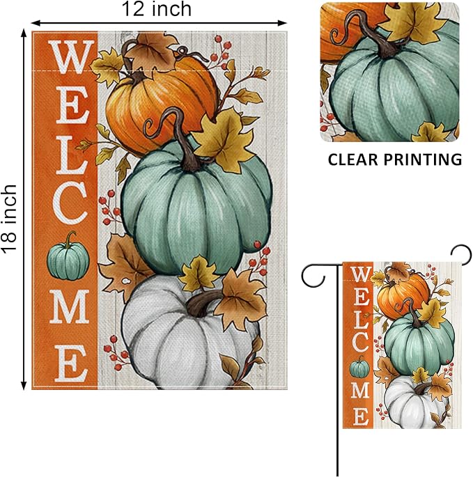 Welcome Fall Pumpkins Decorative Garden Flag, Autumn White Teal Pumpkin Farmhouse Yard Outside Decorations, Thanksgiving Seasonal Burlap Outdoor Small Home Decor Double Sided 12 x 18