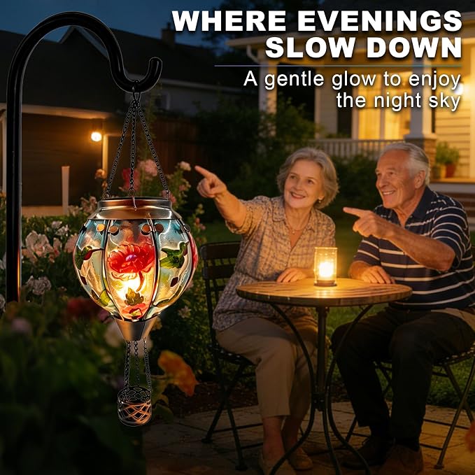2PCS Solar Hot Air Balloon Flickering Flame Hanging Garden Light with Shepherd's Hooks, 18" H Waterproof Glass Outdoor Lantern for Yard Patio, Mother's Day Gift, Hummingbird