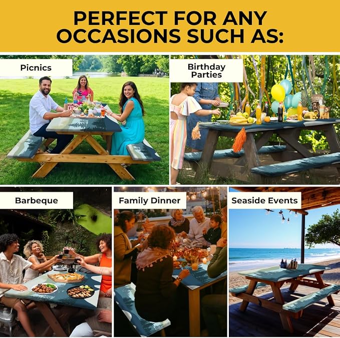 RNOONY 6ft Polyester Picnic Table Cover with Bench Covers Windproof & Waterproof Tablecloth, Perfect for Camping Gifts & RV Essentials, Cool Camping Gadgets, with Carrying Bag, 72x30 Inches, 4Pcs,Blue