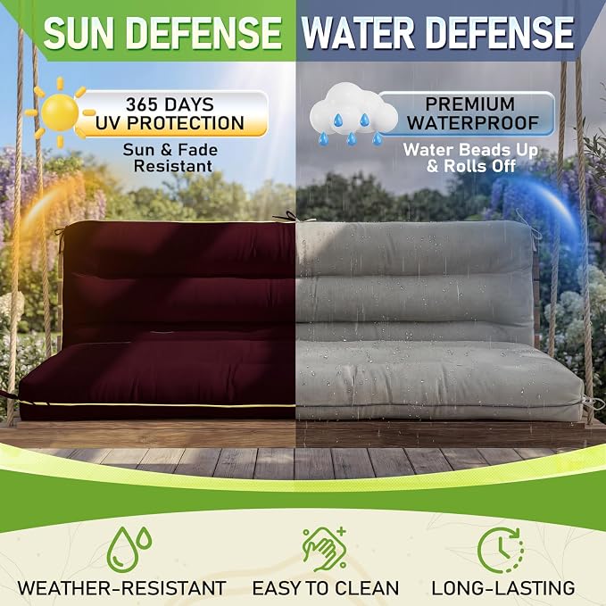 60×40 INCH Outdoor Swing Cushion with Backrest, Tie Straps & Memory Foam - Replacement for Porch Bench 2/3 Seater, Oxford Fabric (RED, 60 INCH × 40 INCH)