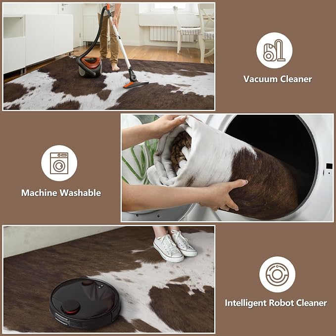 DweIke Cow Print Rug 5x7 – Brown Faux Cowhide Rugs, Washable Soft Non-Slip Stain Resistant Animal Cow Hide Carpet for Living Room Bedroom Dining Room Office, Western Home Decor