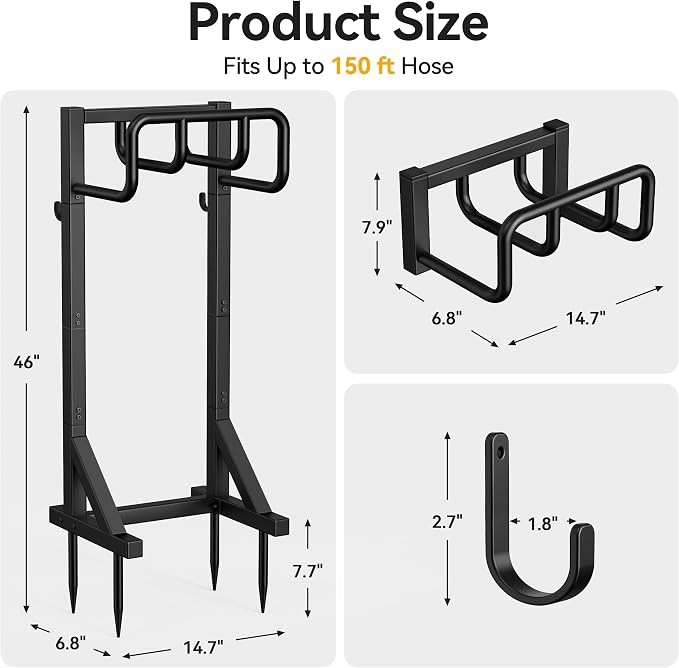 Garden Hose Holder Stand, Freestanding Heavy Duty Metal Hose Holder with Stable Base and Tool Hooks, Rustproof Water Hose Storage Rack for Outside Yard Lawn（2 Pack)
